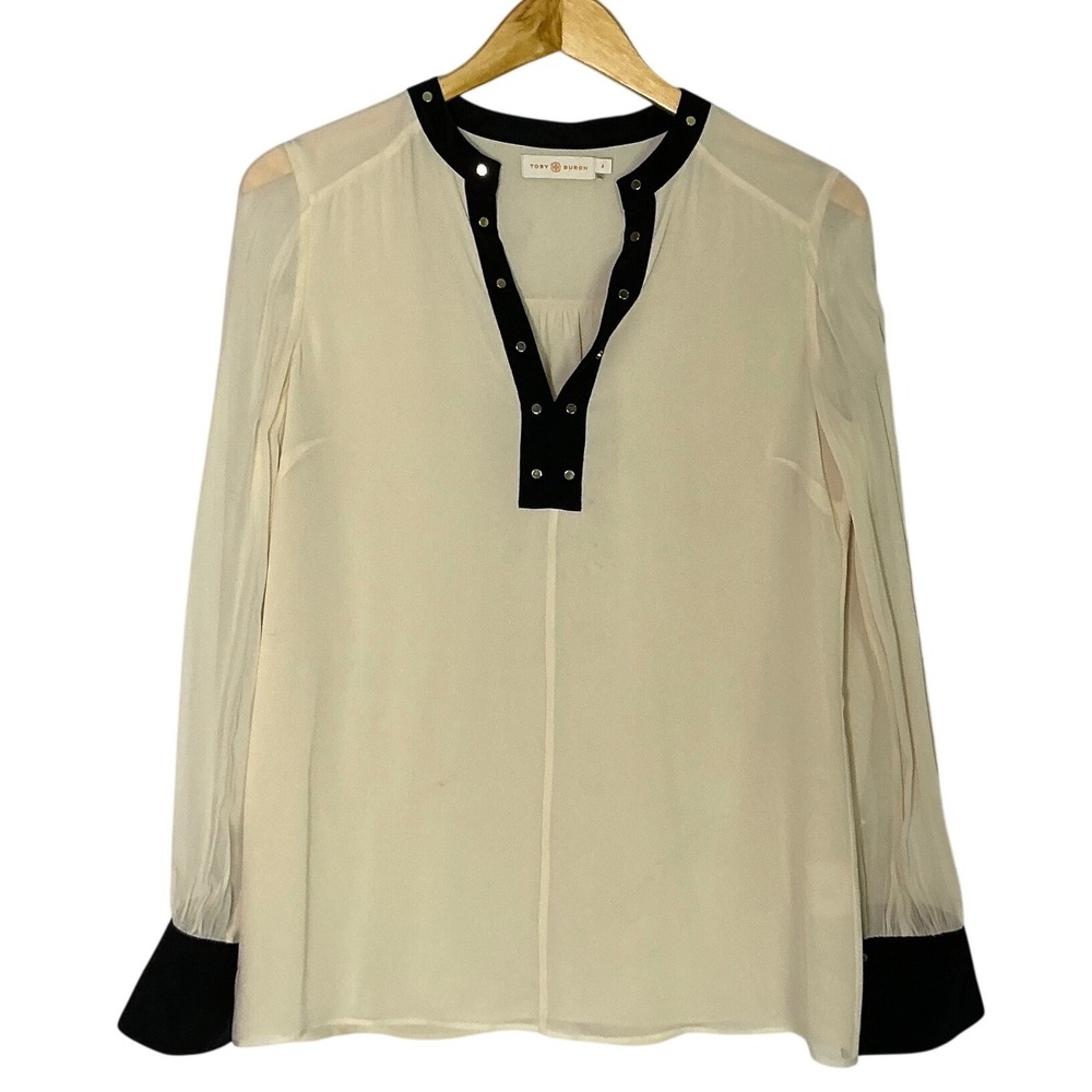 Tory Burch Silk Blouse Sz 4‎ Ivory Sheer V Neck Minimalist Quiet Luxury Preowned
